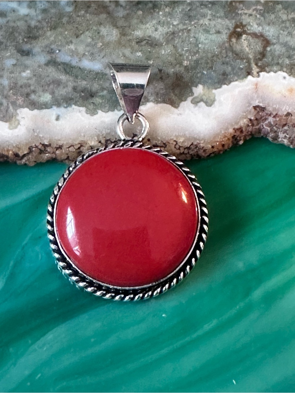Artisan Red CORAL Round Stone Pendant with Twisted Silver-Style Border